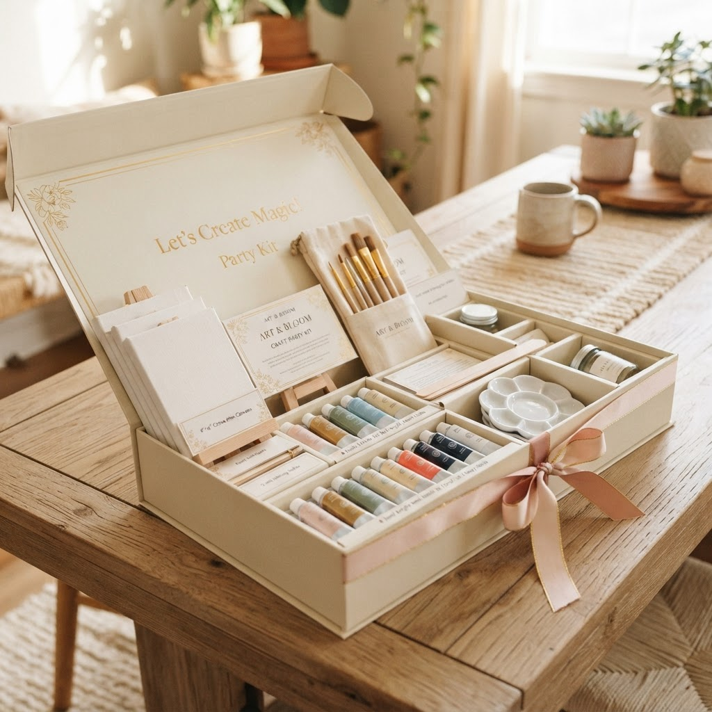 A Blush and Brush party box packed with paints, brushes, palettes and glasses